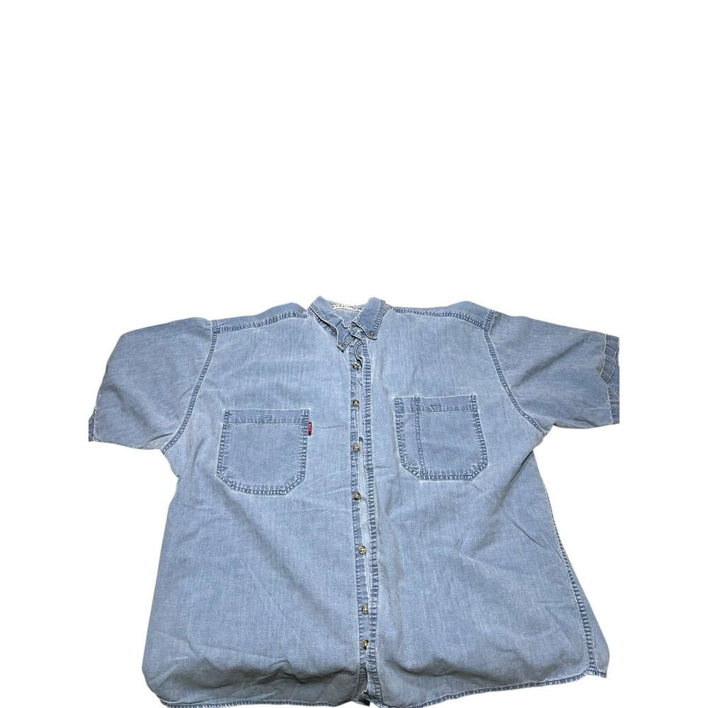 Vintage Bugle Boy Denim Shirt Mens Large Blue Short Sleeve 90s Y2K Casual Pocket